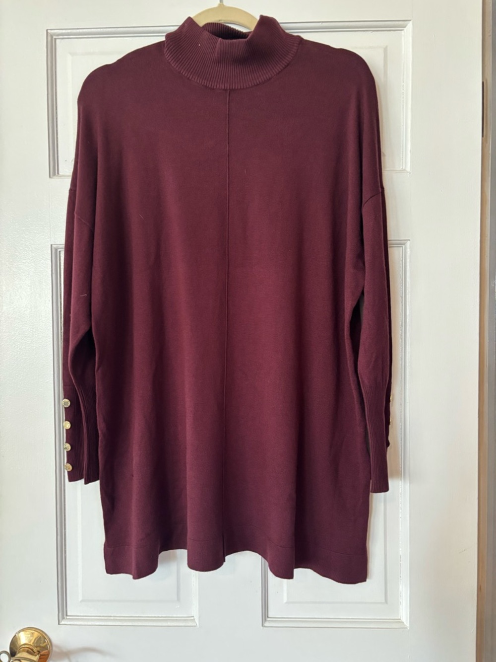Anne Klein Burgundy Mock Neck Long Sleeve Tunic with Gold Buttons